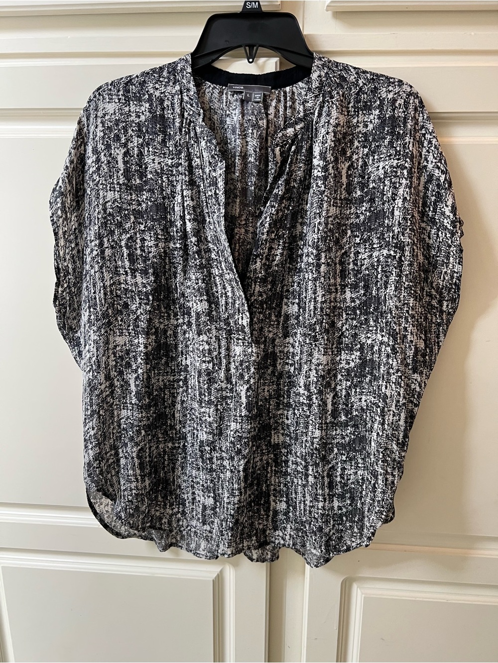 Vince Black & White Silk Split-Neck Blouse